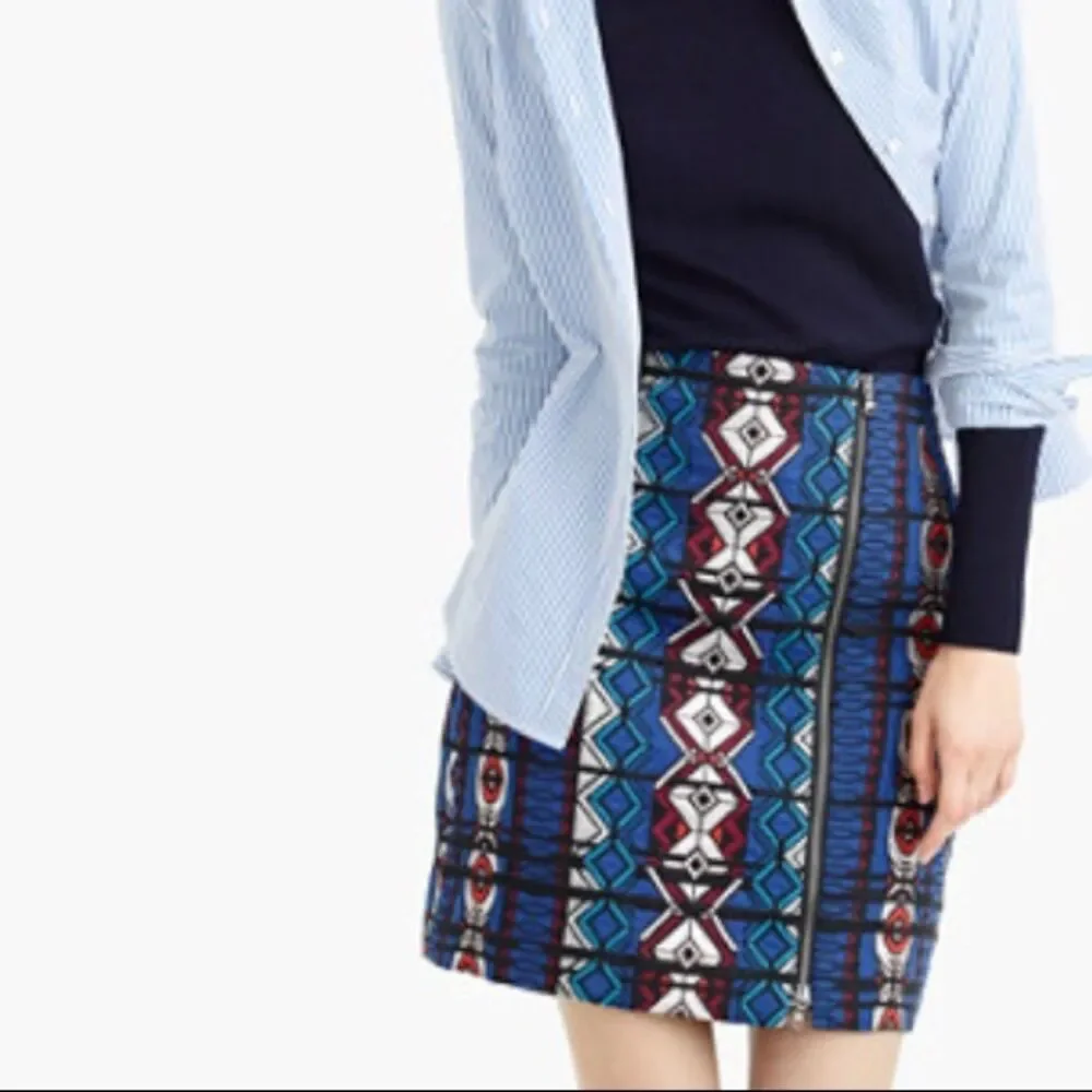 J CREW Skirt Womens Size 4 Blue A-Line Front Zip Geometric Aztec Preppy